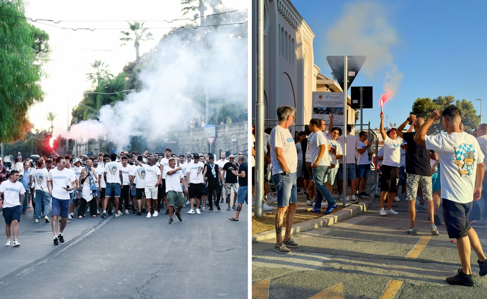 Sanremese supporters walking to the Comunale before the derby
