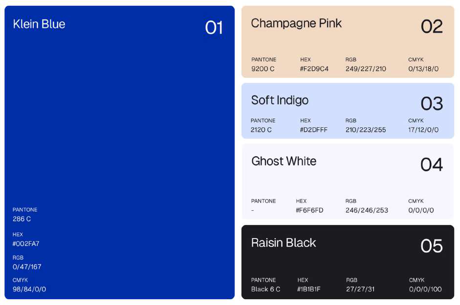 The brand palette, led by International Klein Blue