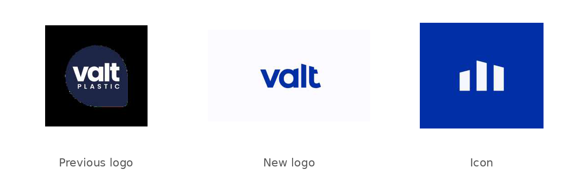 Logo evolution: the previous Valt Plastic badge, the new wordmark, and the icon